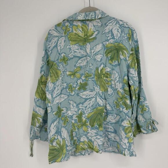 JM Collection top 14 blue green floral linen button up  workwear business career - Picture 5 of 5